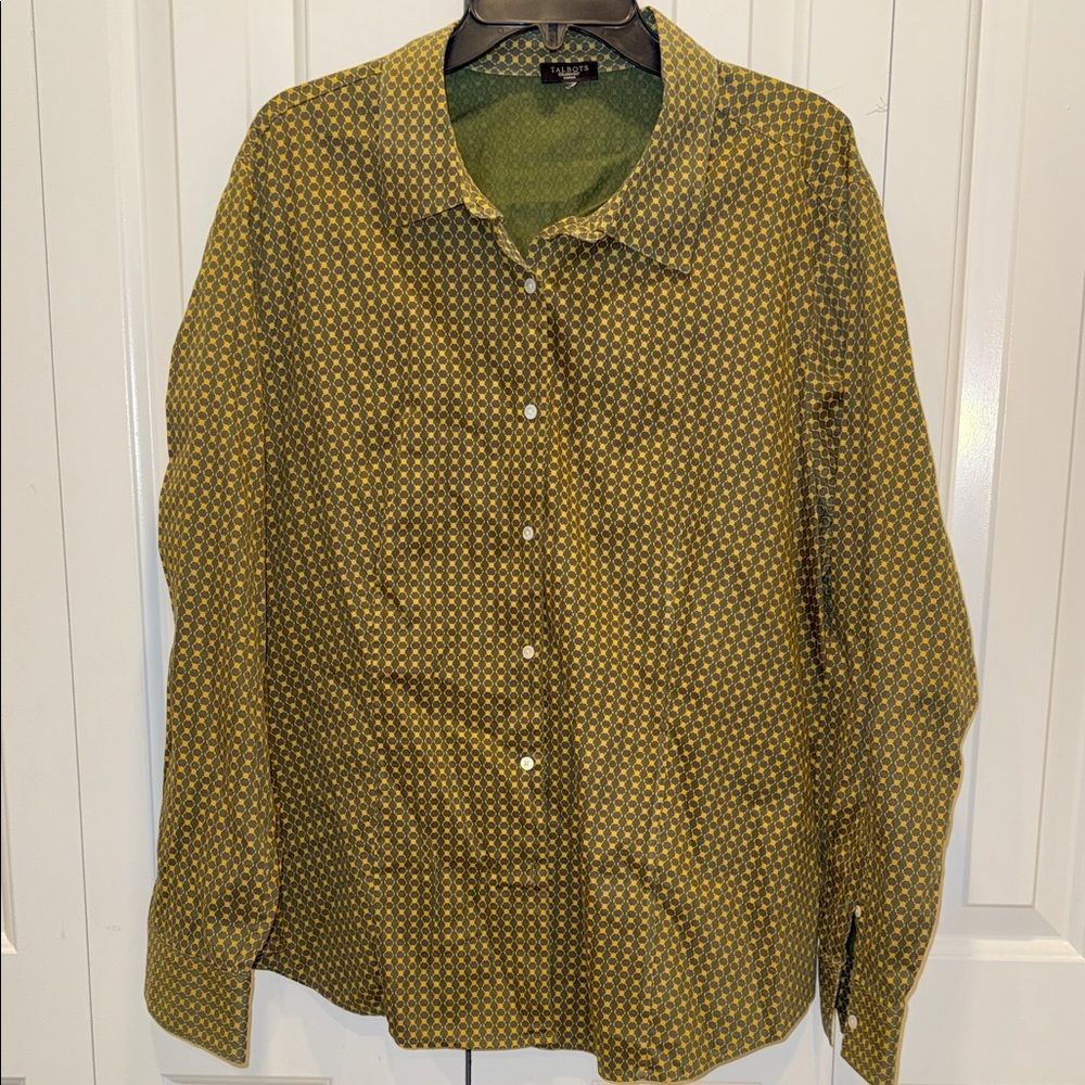 Talbots Olive and Yellow Geometric Button Down Shirt